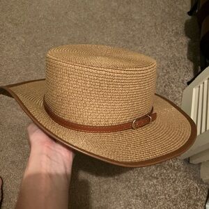 Stylish Tan Straw Hat with Brown Band